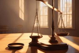 A scale lit by sunlight in a courtroom.