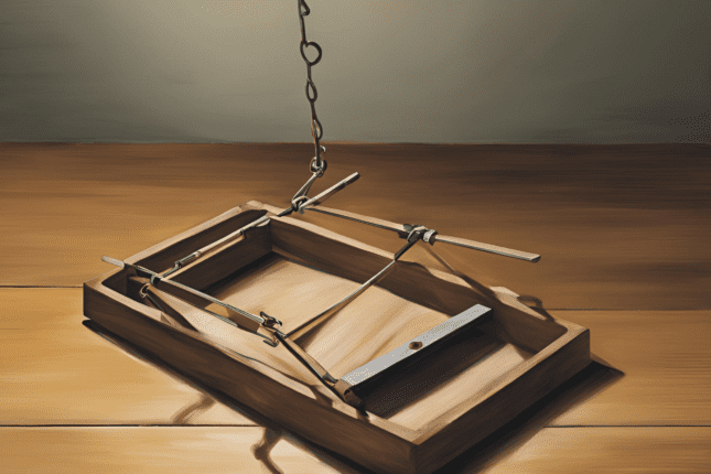 A wooden and metal trap.