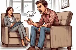 Illustration of an angry male client speaking harshly while his female therapist listens