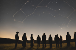 People standing in a field looking up at a constellation.