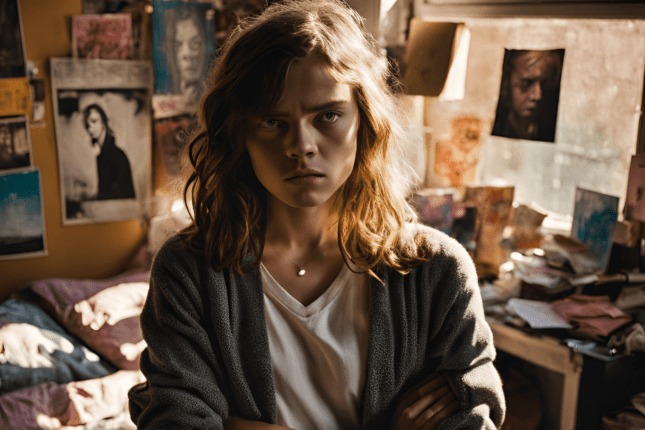 angry teenage girl in messy room