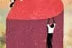 An illustration of two figures climbing onto a heart-shaped cliff