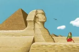 An illustration of a woman sitting by the Great Sphinx of Giza