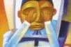 A man with a computer screen for a head holds his hands to his eyes