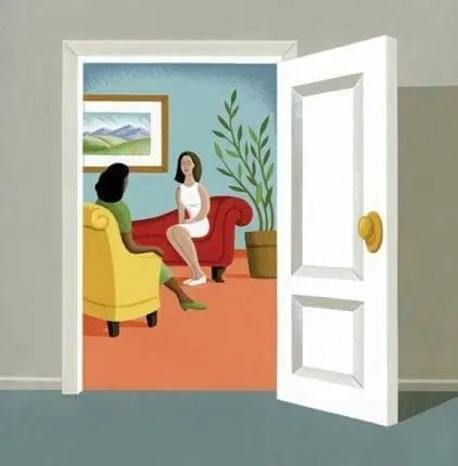 An illustration of two women in the therapy room