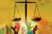 An illustration of hands reaching towards scales
