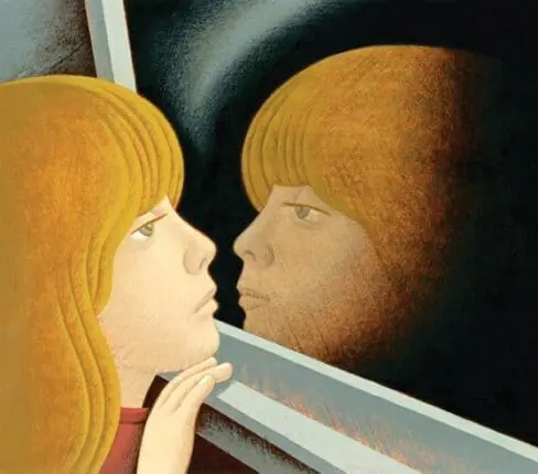 An illustration of a girl looking at her reflection in a car window