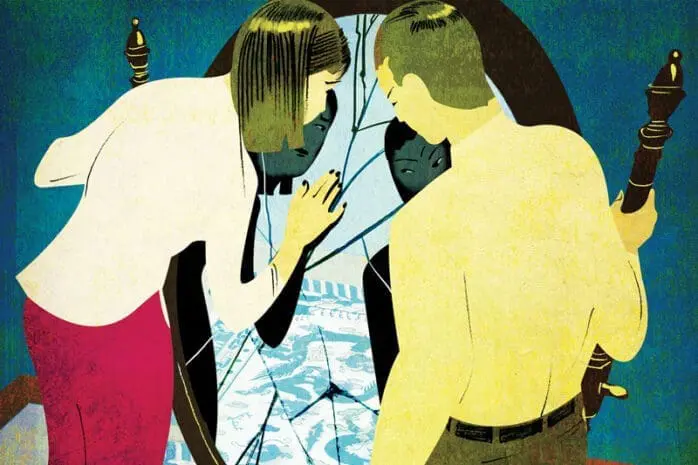 An illustration of a couple looking at themselves in a broken mirror