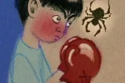 An illustration of a young boy threatening a spider with boxing gloves