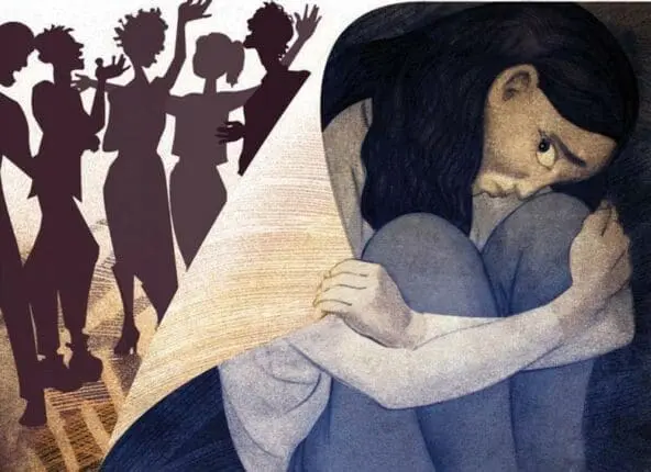 An illustration of a woman hiding from a crowd