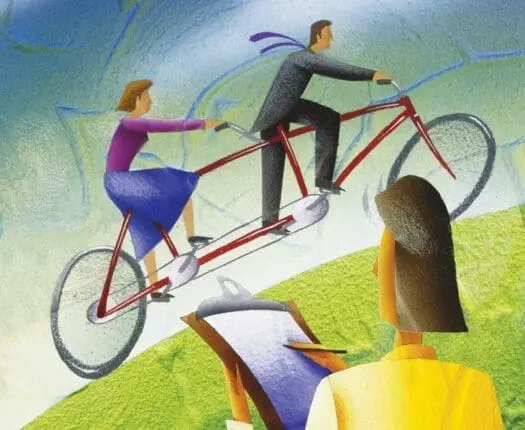An illustration of two people on a tandem bike