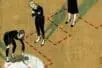 Three people following a line drawn by another