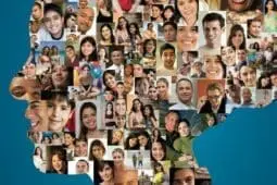 A collage of headshots in the shape of a larger head