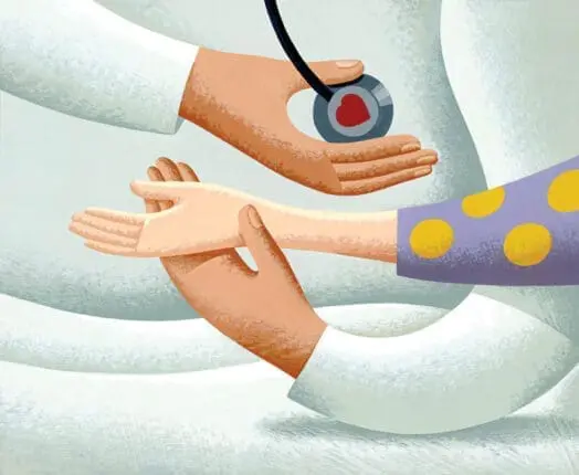 An illustration of a doctor holding a stethoscope to a patient