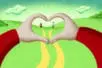 An illustration of someone holding their hands in the shape of a heart, looking at two people down a path