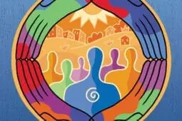 An illustration of silhouettes within a circle created by hands