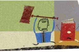 An illustration of a person chasing a book with a large hammer