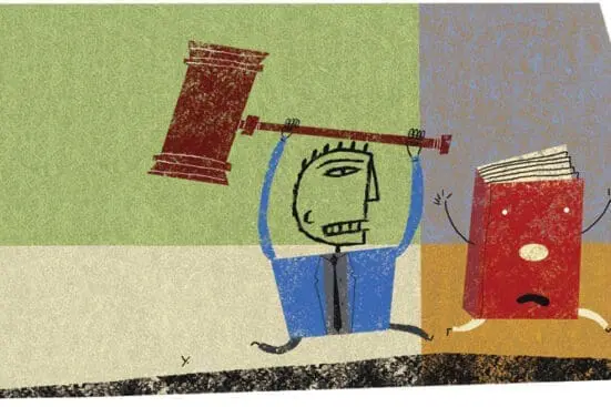 An illustration of a person chasing a book with a large hammer