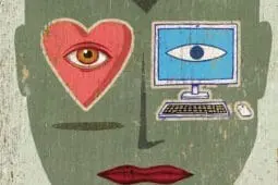 An illustration of a face with a computer and heart for eyes
