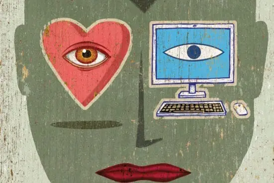 An illustration of a face with a computer and heart for eyes