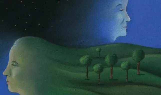 An illustration of two faces forming a landscape