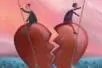 Two people on a broken heart in an ocean, rowing in opposite directions
