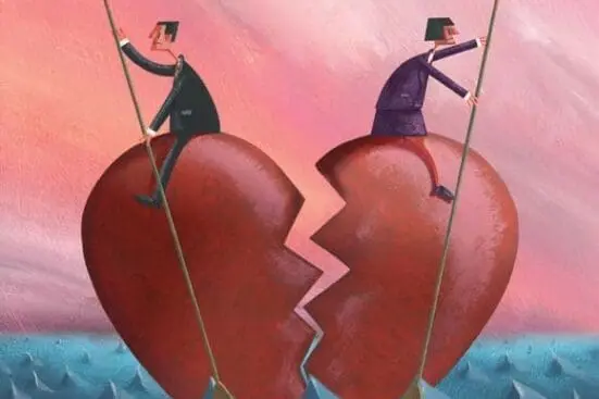 Two people on a broken heart in an ocean, rowing in opposite directions