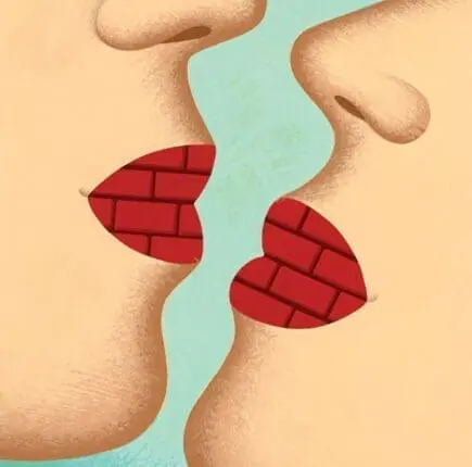 An illustration of two people about to kiss, with bricks for lips