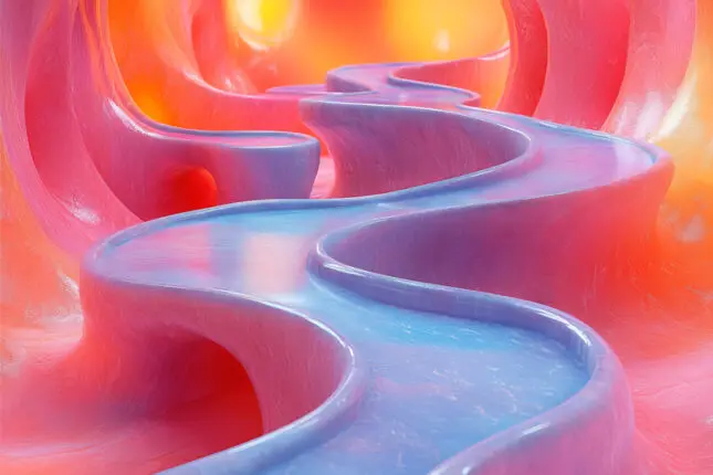 Illustration in pastel colors of a curving path winding forward under high, arched walls