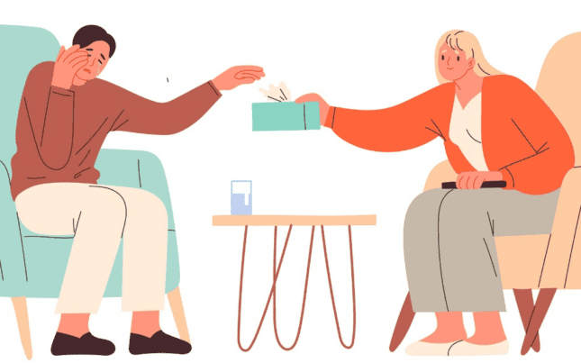 Illustration of a therapist handing a tissue box to a crying client