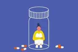 Illustration of a woman trapped by the outline of a prescription pill bottle