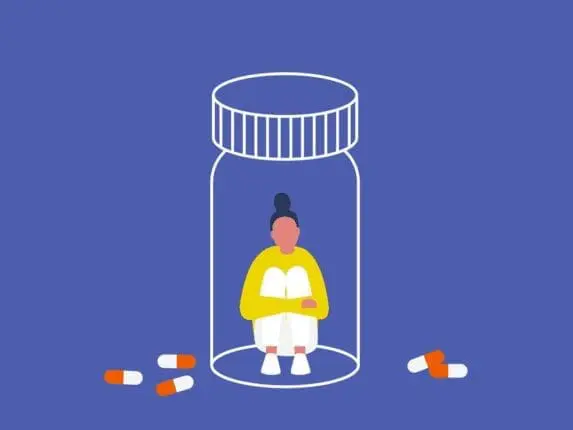 Illustration of a woman trapped by the outline of a prescription pill bottle