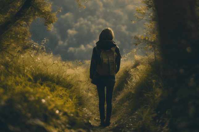 Woman walking in woods