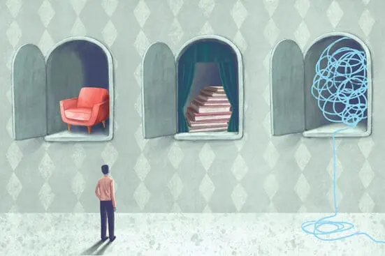 Illustration of a small figure in front of 3 open doors; one has a chair, another a stack of books, and the last a jumbled scribble