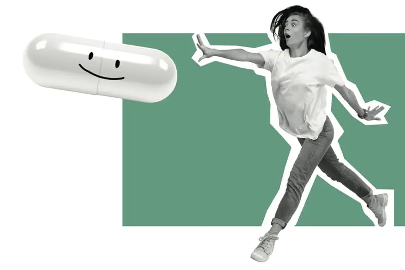 Illustrated photo of a young woman reaching for a cartoon pill | PHOTO © MASTER1305