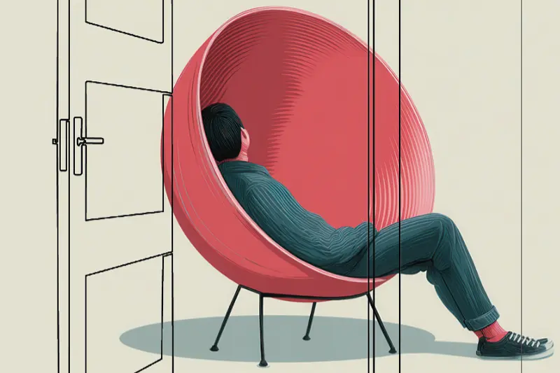A figure sits engulfed in a round chair, facing away from the viewer, with a door sketched over the image