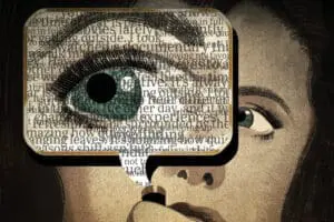 a woman behind a chat bubble full of words