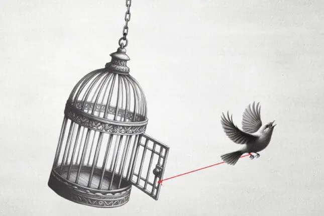 A bird flies out of an empty birdcage with a red piece of yard holding its leg to the open door