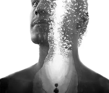 A man's head divided by light with a small boy at the base of his chest