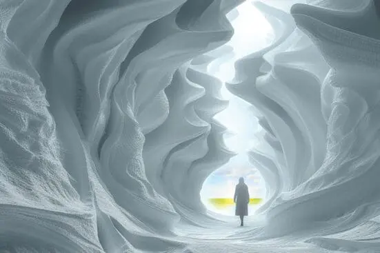 A woman walks through a maze of ice toward a distant field.