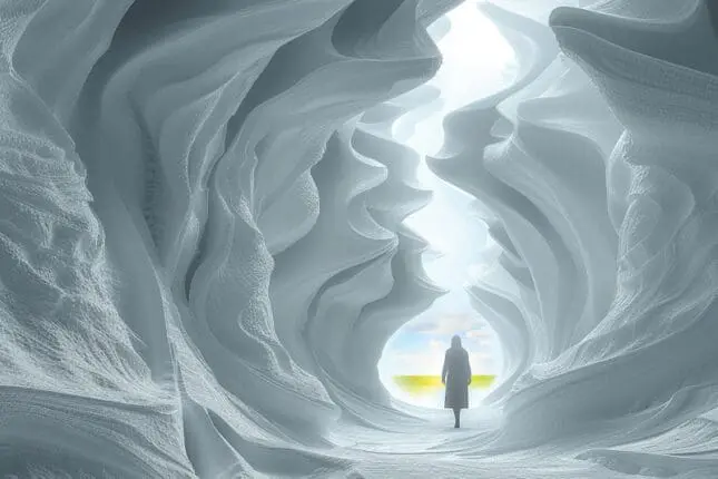A woman walks through a maze of ice toward a distant field.