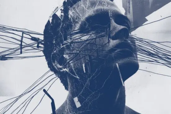 Grey and white picture of man's head crisscrossed with strings.