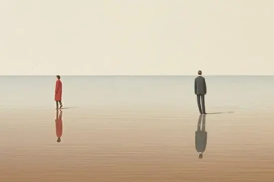 A woman and man at a distance facing opposite directions.