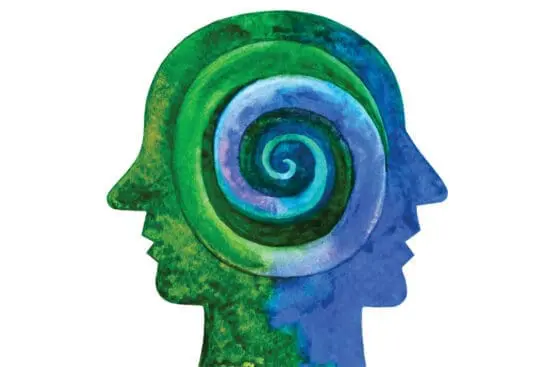 A head with a profile on both sides connected through a green and blue spiral at its center.