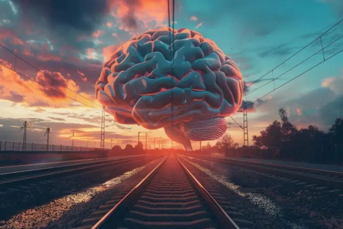 A brain above railroad tracks.