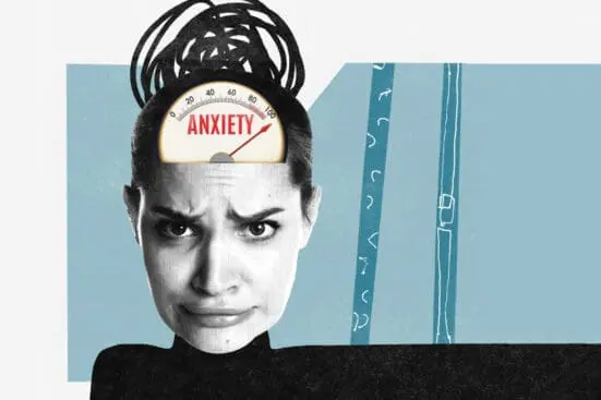 A woman with a meter measuring anxiety from 0-100 on her forehead with the needle at 100