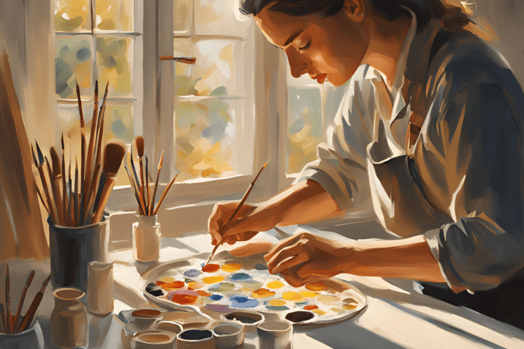 An illustration of a woman dipping a paintbrush into red paint on an artist's pallet.
