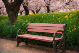 red bench by green flowers and flowering trees