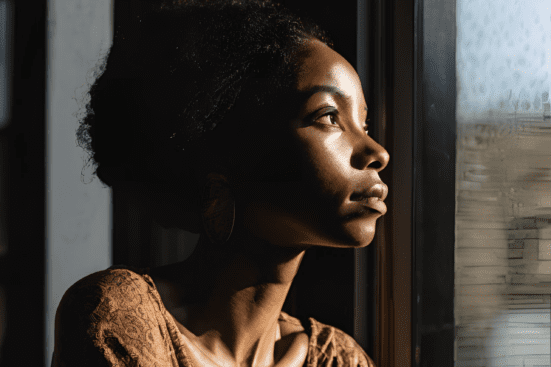 Black woman staring out of a window