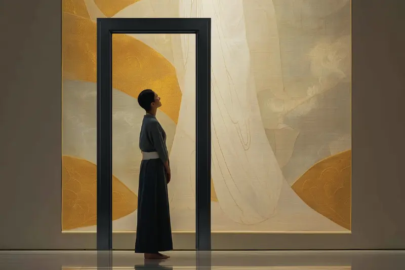 A figure stands beneath a doorway admiring a painting on the wall